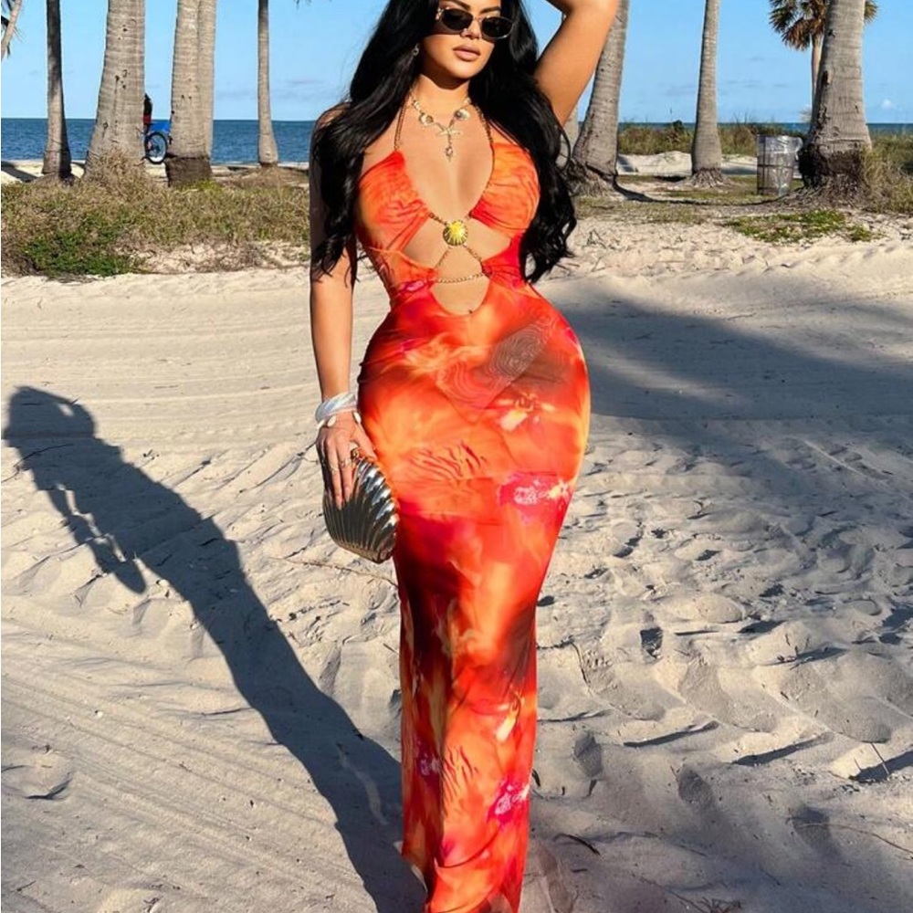 Vibrant Orange Mesh Maxi Dress